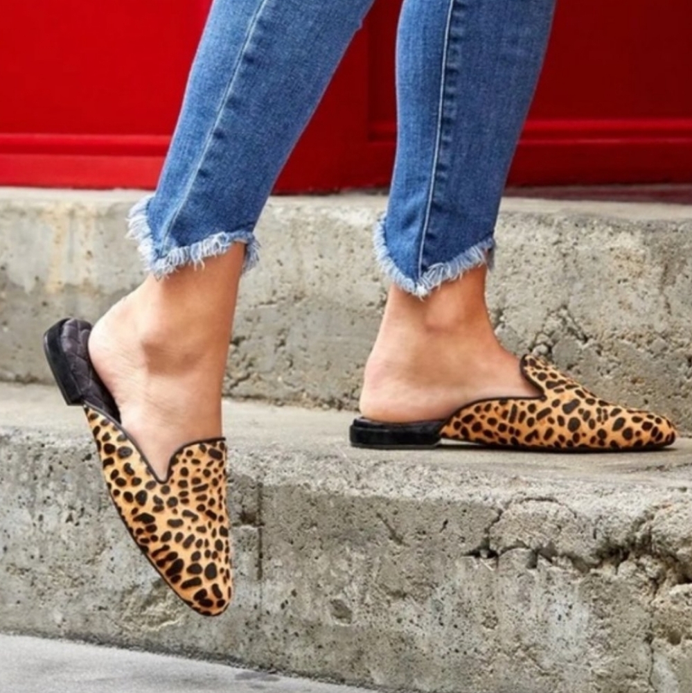 Birdies The Phoebe Loafer Mule Slide Cheetah Print Calf Fur Quilted Lining